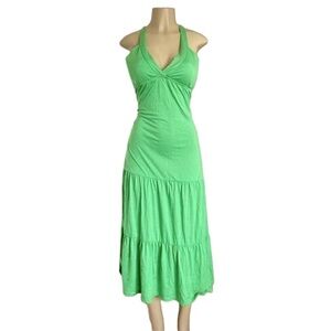 Belle Du Jour Green Tiered Maxi Dress Large Stretchy V-Neck Boho Summer